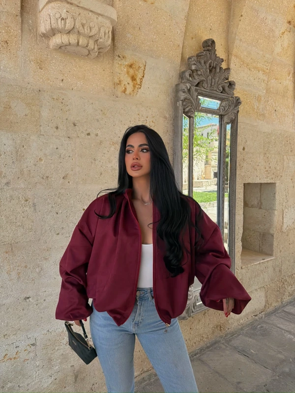 Bordo Balon Kol Süet Bomber Ceket