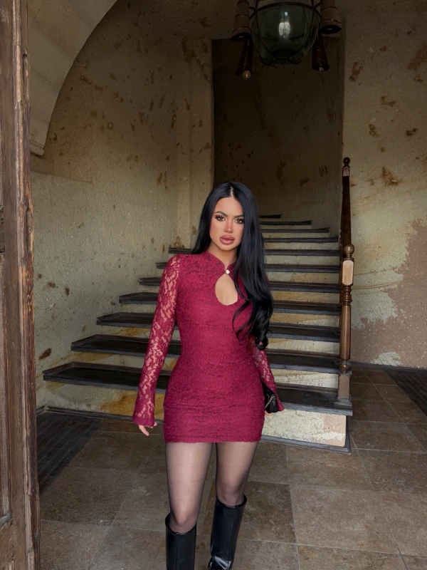 Bordo Damla Yaka Dantel Detay Elbise