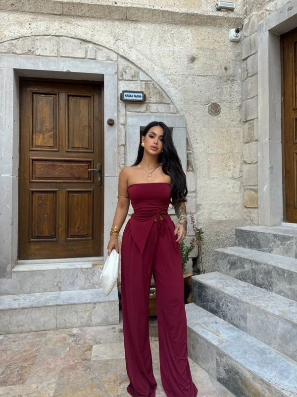 Bordo Eva Yan Büzgülü Straplez Takım