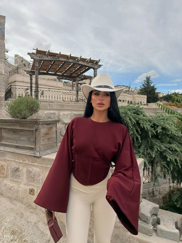 Bordo Kolları Volanlı Korse Sweat