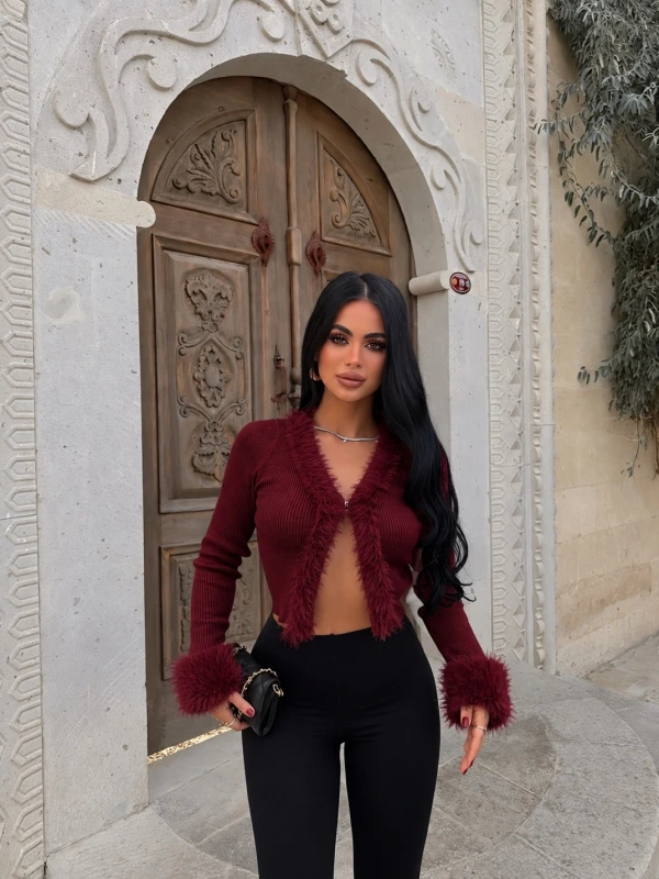 Bordo Kürk Detaylı Triko Hırka