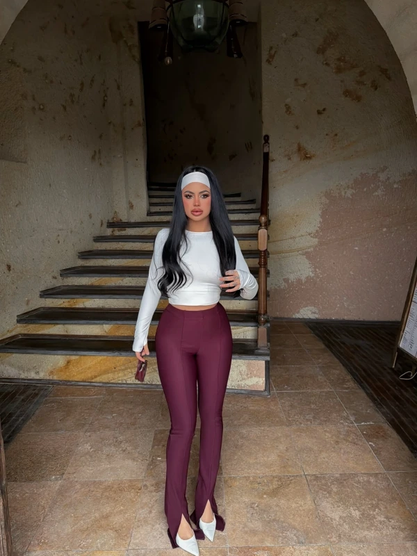 Bordo Ön Yırtmaçlı Fitilli Pantolon