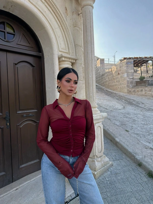 Bordo Polo Yaka Crop Gömlek