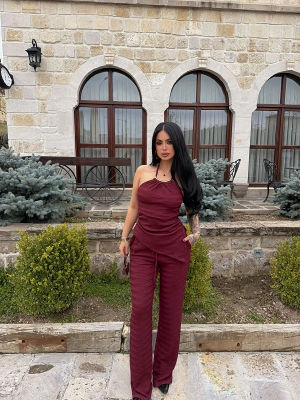 Bordo Vera Yaka Aksesuarlı Takım