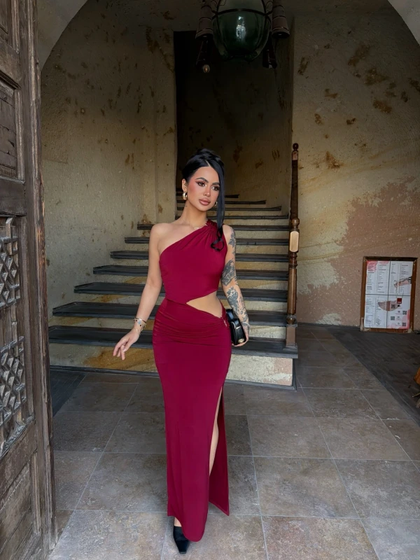 Bordo Yan Pencereli Sandy Elbise