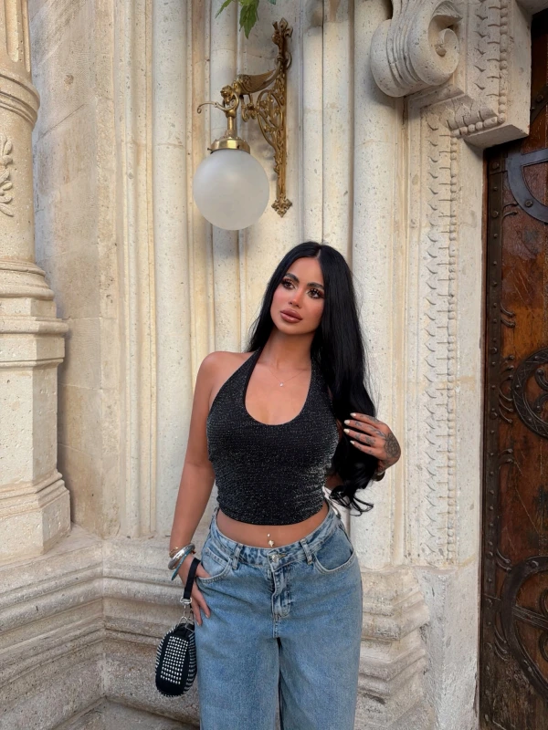 Boyundan Geçmeli Simli Crop