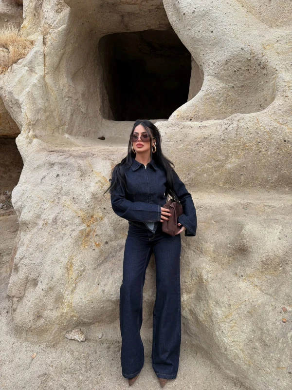 Çift Fermuarlı Denim Takım