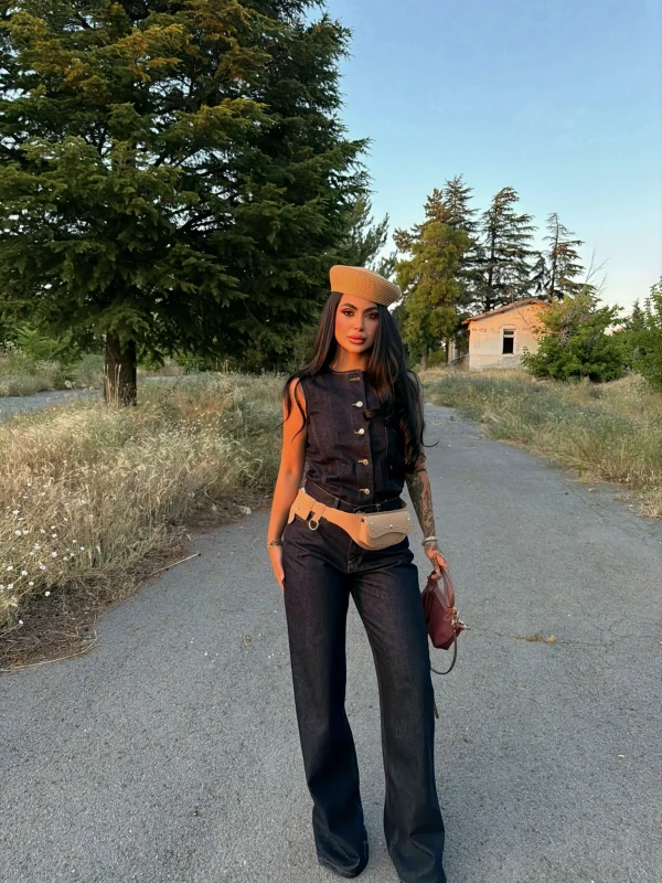 Düğmeli Palazzo Denim Takım