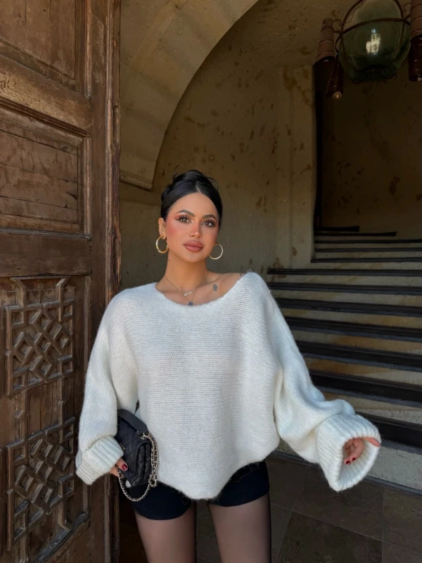 Ekru Batwing Oversize Triko Kazak
