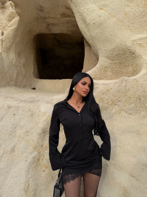 Siyah Eteği Güpürlü Gömlek Elbise