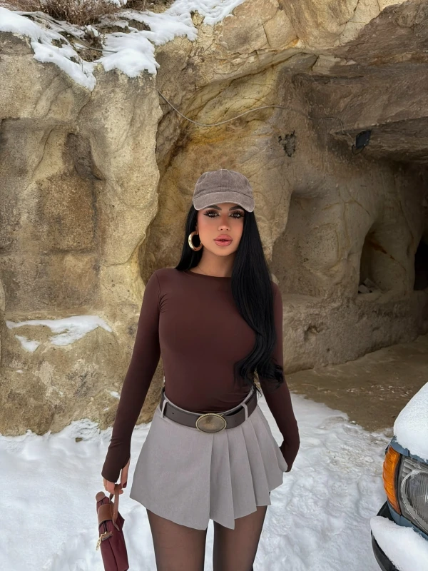 Gri Pileli Viskon Şort Etek