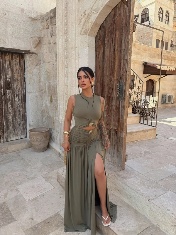 Haki Çift Aksesuarlı Resort Elbise