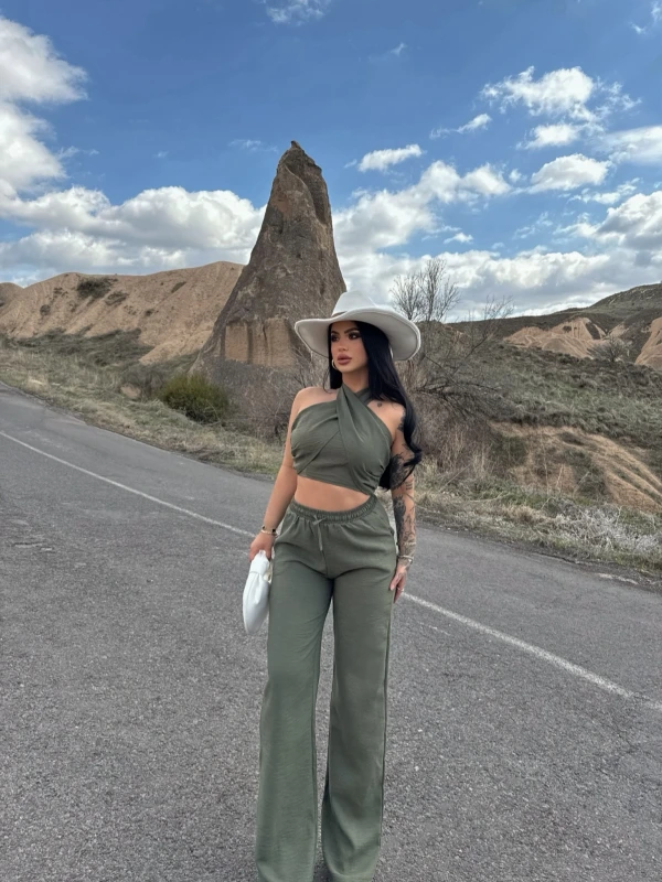 Haki Elina Yaka Çapraz Keten Takım