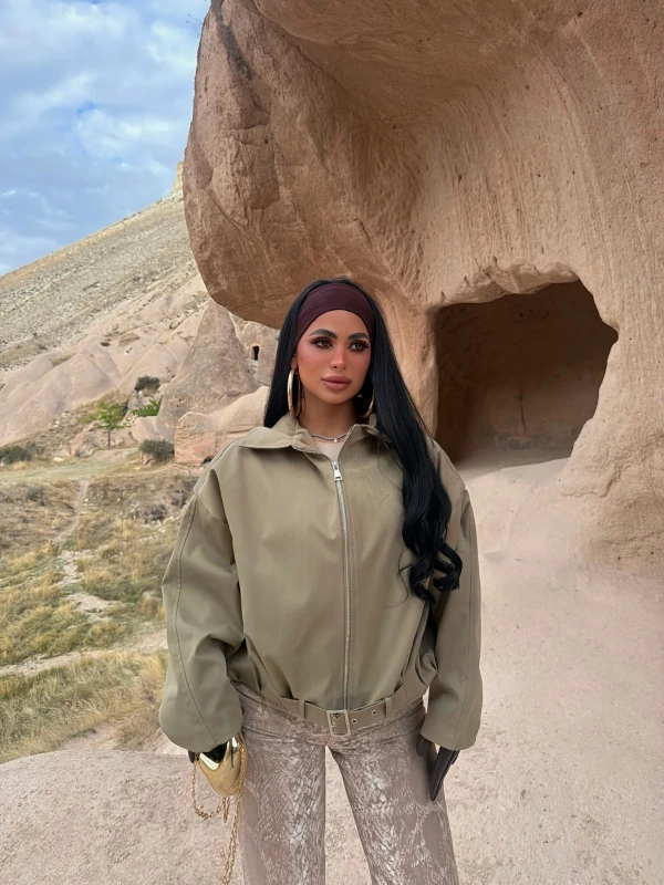Haki Kemerli Oversize Bomber Ceket