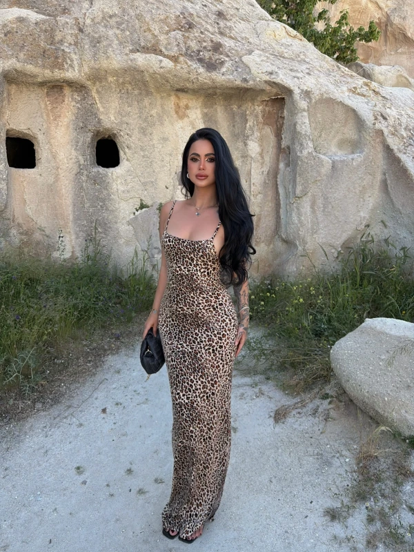 İp Askılı Leopar Elbise