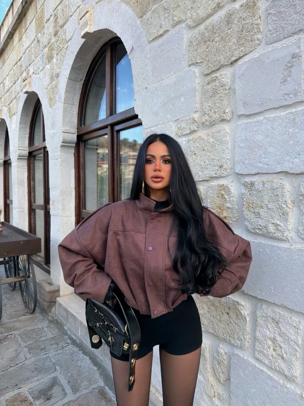 Kahve Balon Kol Süet Ceket