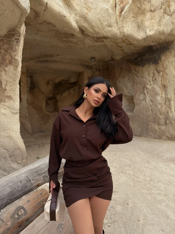 Kahve Double Gömlek Elbise