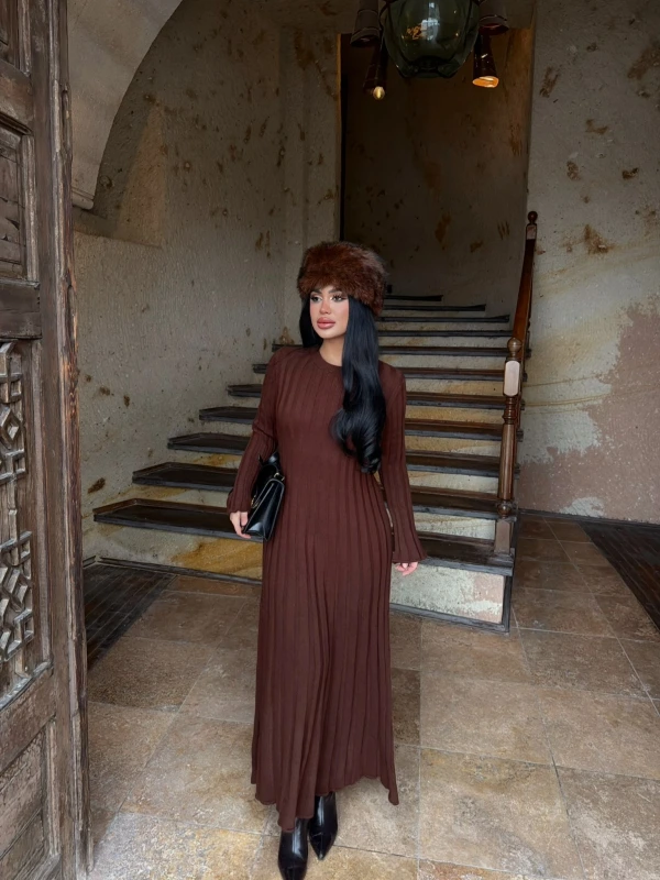 Kahve Fitilli Triko Maxi Elbise