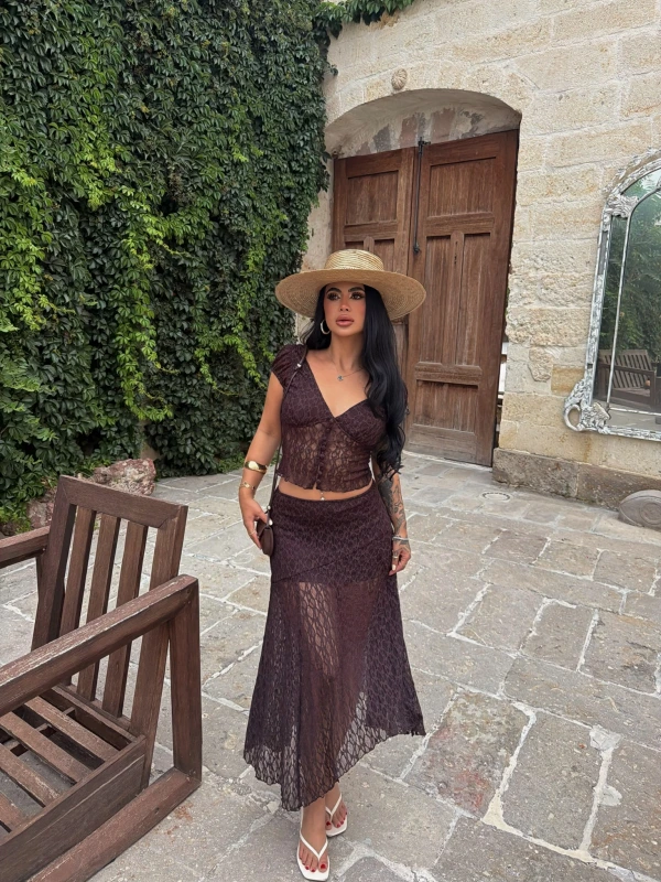 Kahve Güpürlü Etek Crop İkili Takım