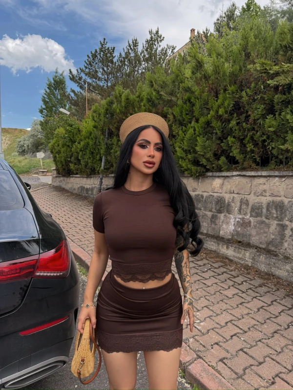 Kahve Güpürlü Etek Crop Takım