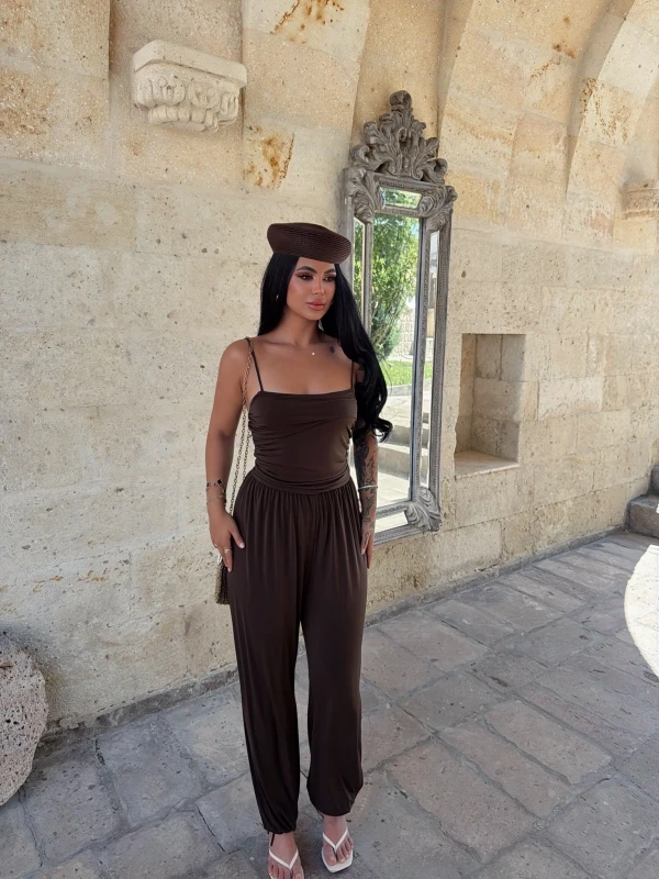 Kahve İp Askılı Drapeli Tulum