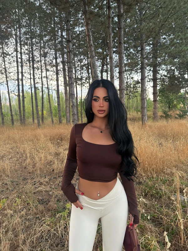 Kahve Kare Yaka Çift Kat Crop