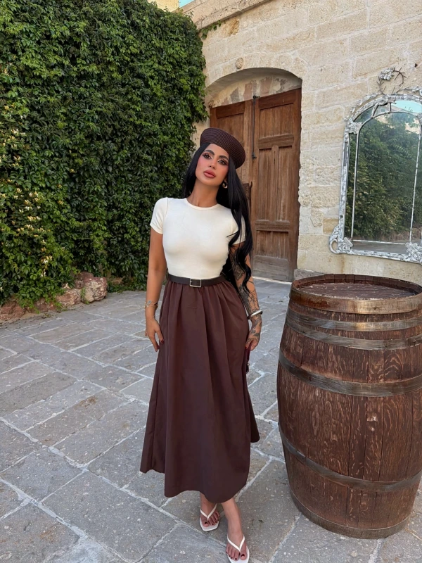 Kahve Kemer Detaylı Midi Elbise