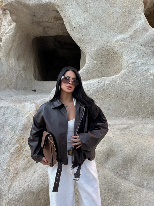 Kahve Kemerli Yarasa Kol Deri Mont