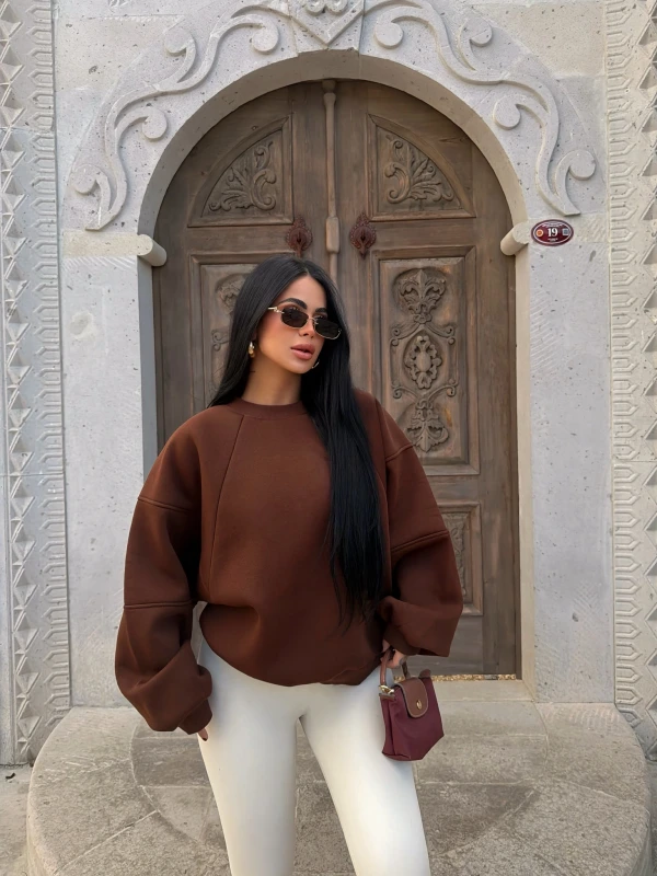 Kahve Kol Parçalı Şardonlu Sweat