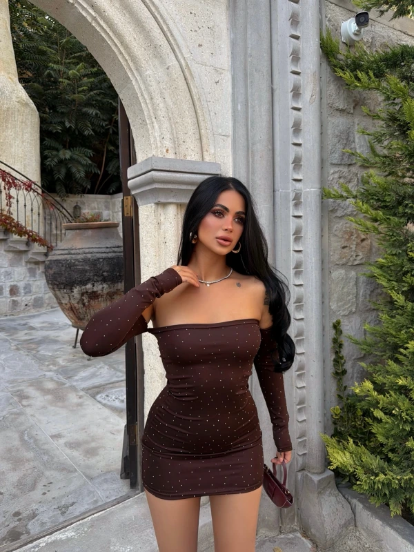 Kahve Madonna Taşlı Mini Elbise