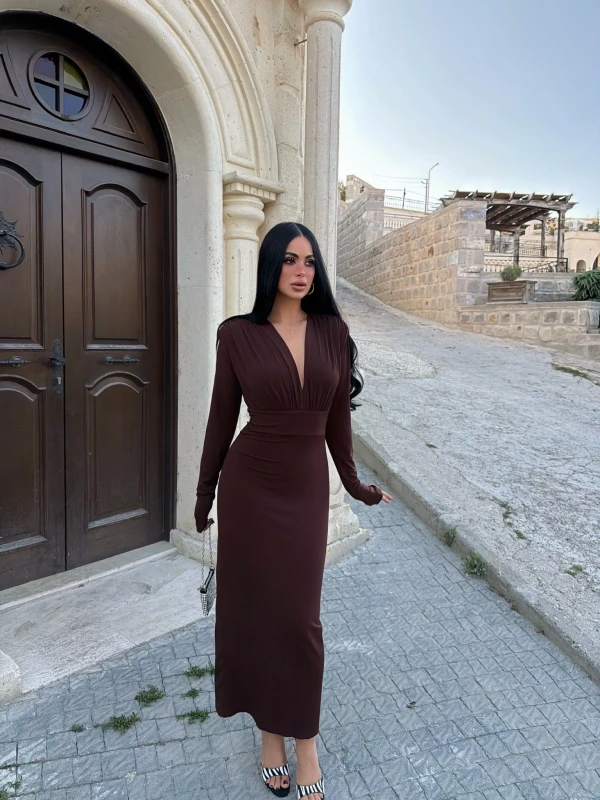 Kahve Mona Vatkalı Midiboy Elbise