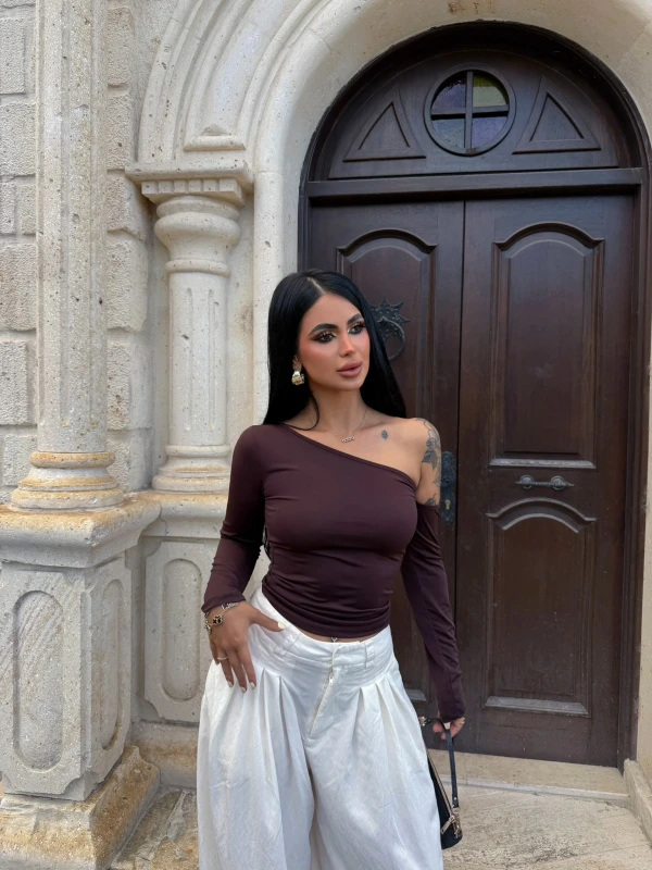 Kahve Omuz Açık Basic Crop