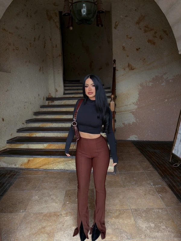 Kahve Ön Yırtmaçlı Fitilli Pantolon