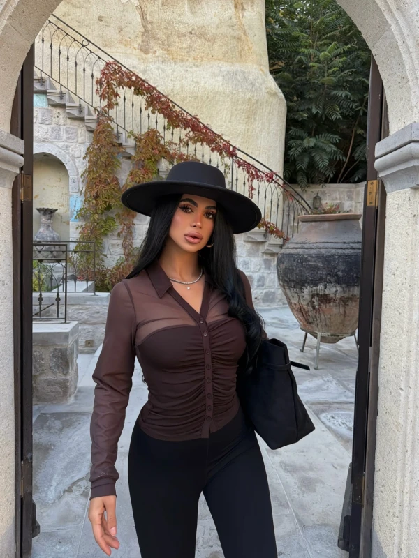 Kahve Polo Yaka Crop Gömlek