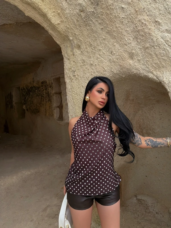 Kahve Puantiyeli Degaje Bluz