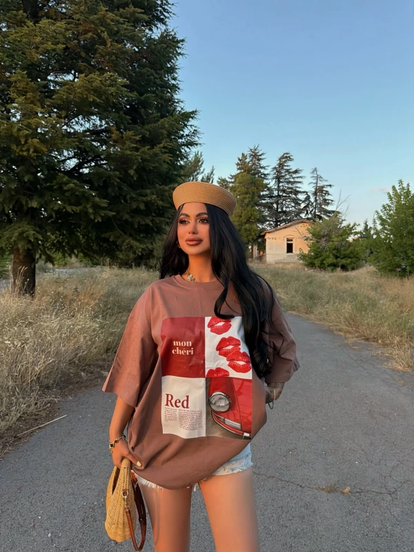 Kahve Red Oversize Baskı Tişört
