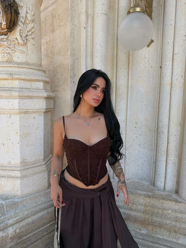 Kahve Sırt Bağlamalı Askılı Korse
