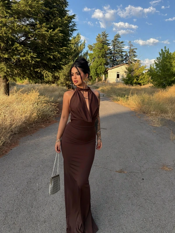 Kahve Vogue Degaje Maxi Elbise