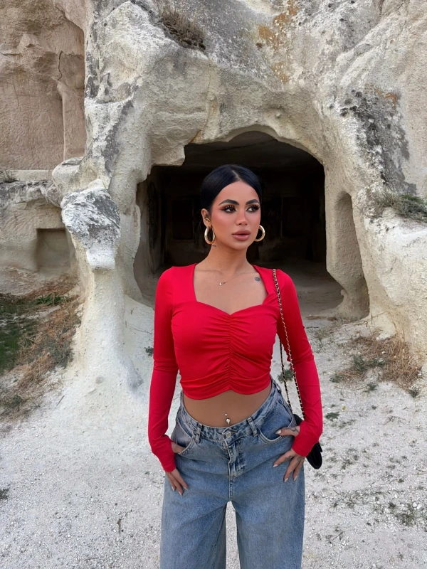 Kırmızı Aden Büzgülü Crop Bluz