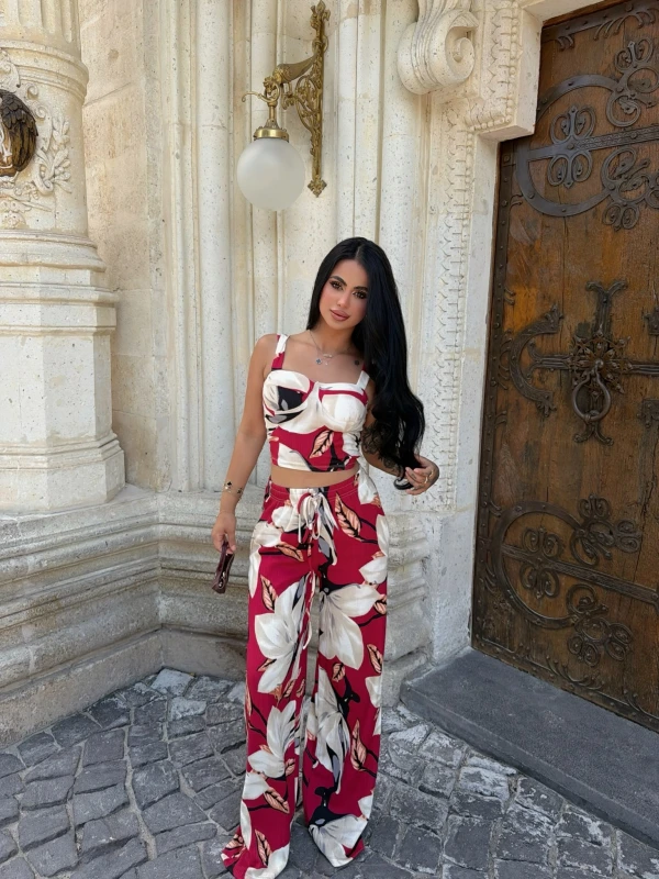 Kırmızı Bloom Palazzo İkili Takım