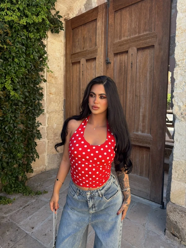 Kırmızı Boyundan Geçmeli Puantiyeli Crop
