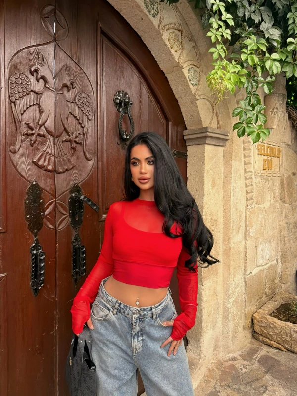 Kırmızı İçi Astarlı Tül Crop