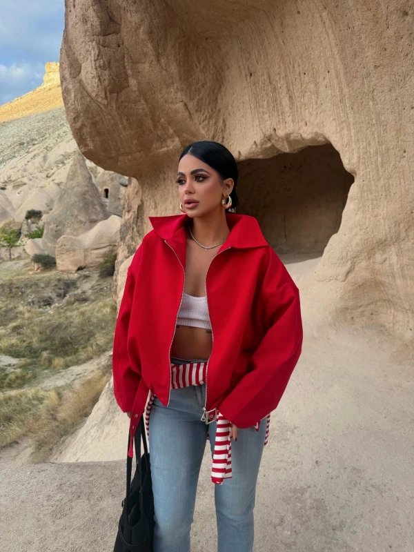 Kırmızı Kemerli Oversize Bomber Ceket