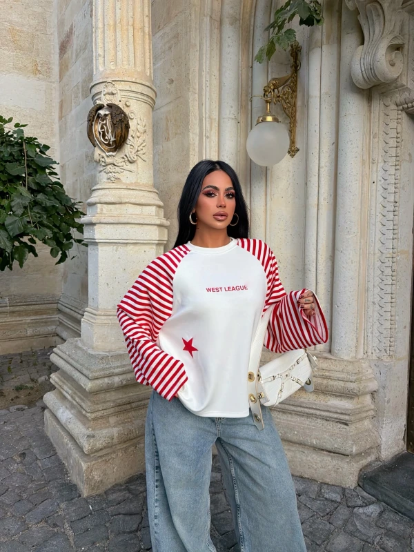 Kırmızı Kol Çizgili Reglan Sweat