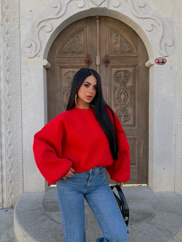 Kırmızı Kol Parçalı Şardonlu Sweat