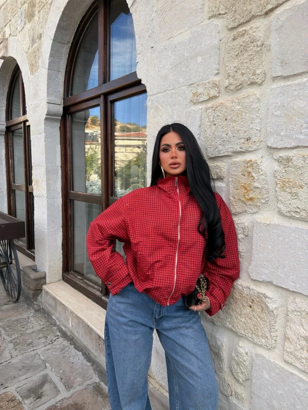 Kırmızı Lora Ekose Bomber Ceket