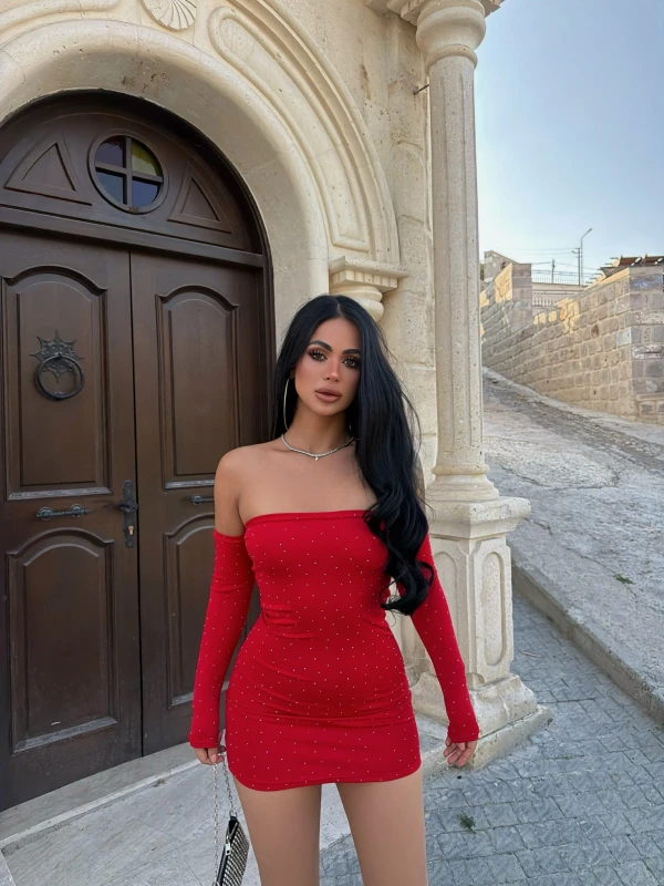 Kırmızı Madonna Taşlı Mini Elbise