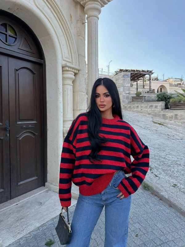 Kırmızı Miley Çizgili Oversize Kazak
