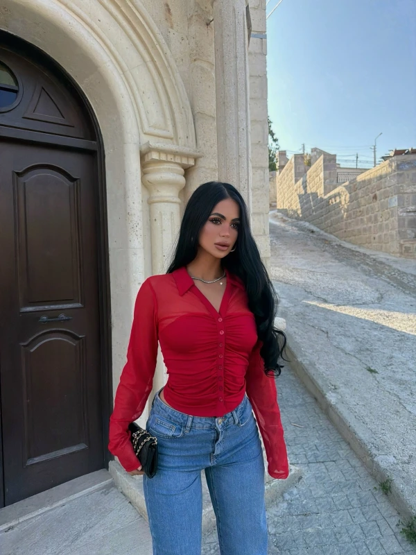 Kırmızı Polo Yaka Crop Gömlek