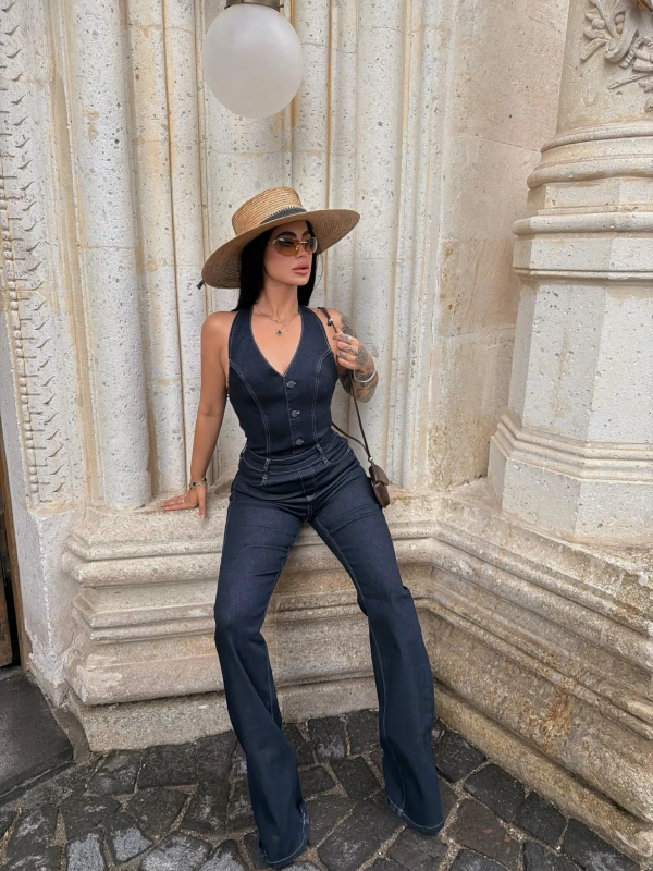 Kontrast Dikişli Denim Tulum